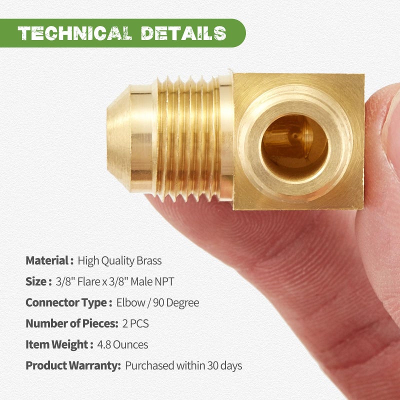 Litorange 2 PCS Heavy Duty Metals Brass Tube Fitting 90 Degree Elbow Adapter 3/8" Flare x 3/8" Male NPT Pipe - Image 4